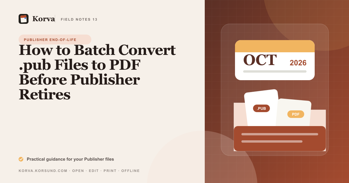 Korva's PDF export dialog, representing a Publisher archive being converted to PDF