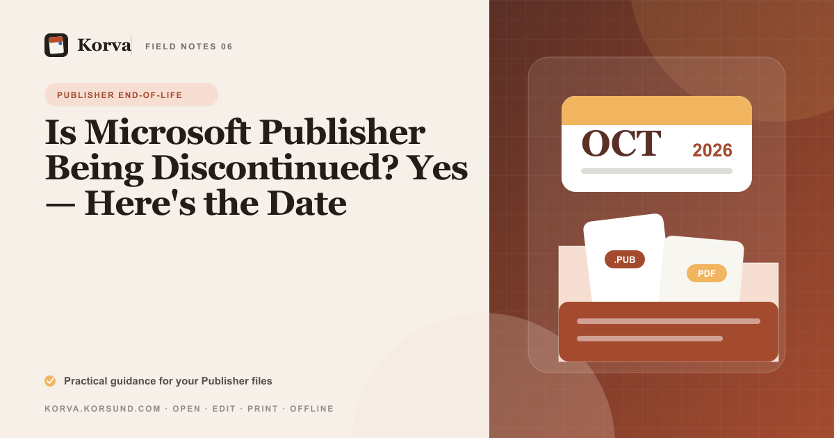 A Microsoft Publisher .pub file icon stamped with an October 1, 2026 end-of-life date and an arrow pointing to a PDF