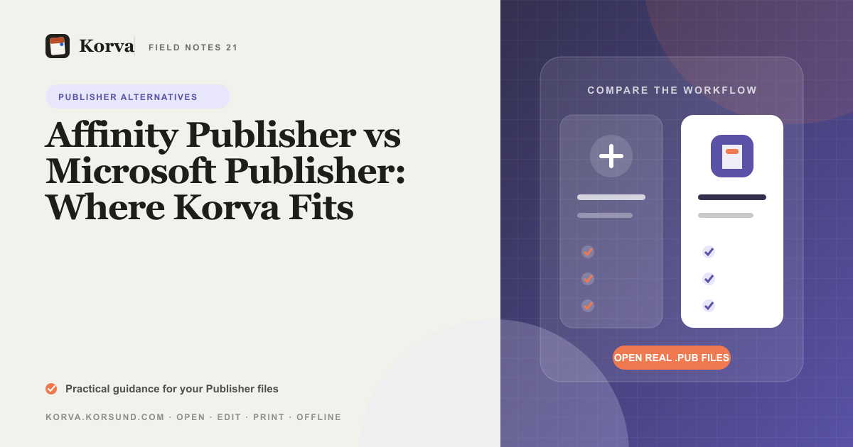 The Affinity Publisher and Korva app icons facing off beside a Microsoft Publisher .pub file