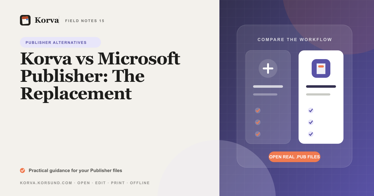 The Korva app icon beside the Microsoft Publisher .pub file icon, illustrating a direct feature-by-feature replacement comparison