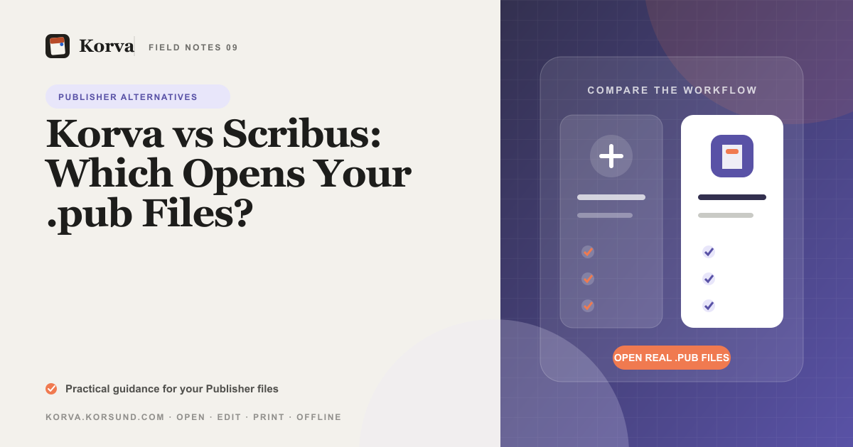 The Korva and Scribus app icons side by side next to a Publisher .pub file, illustrating a head-to-head comparison