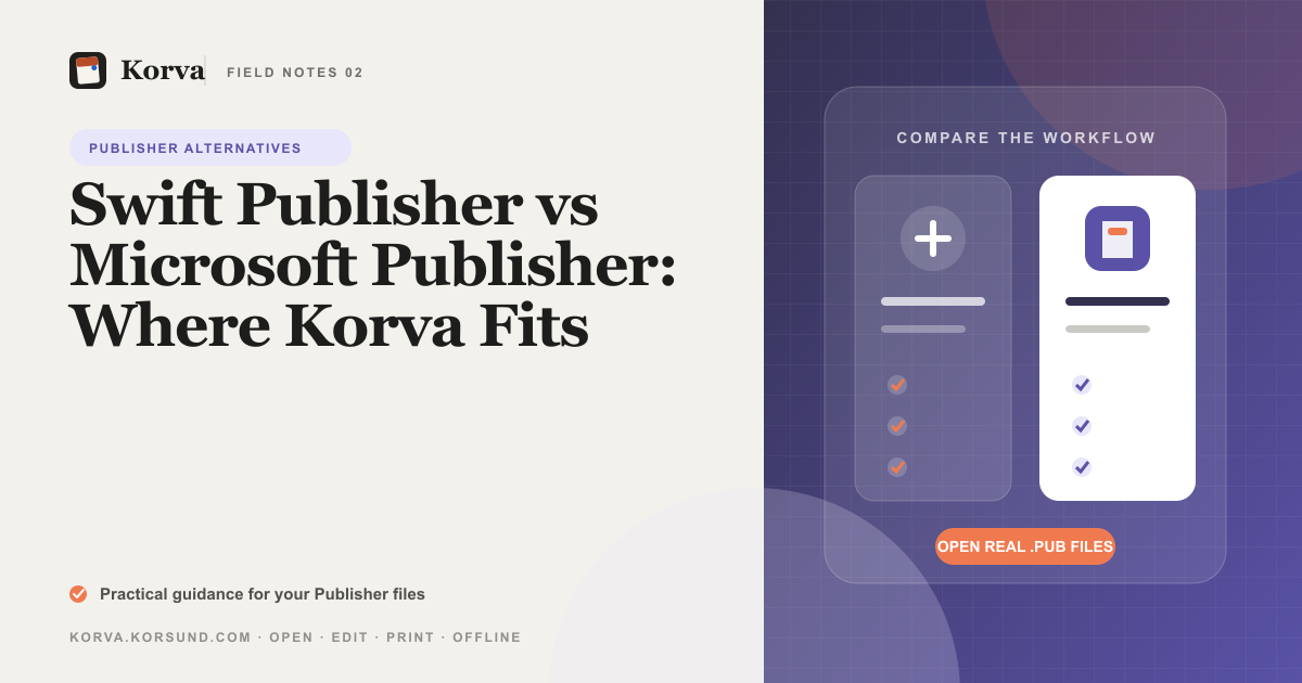 Swift Publisher and Korva app icons side by side on a Mac desktop next to a Publisher .pub file