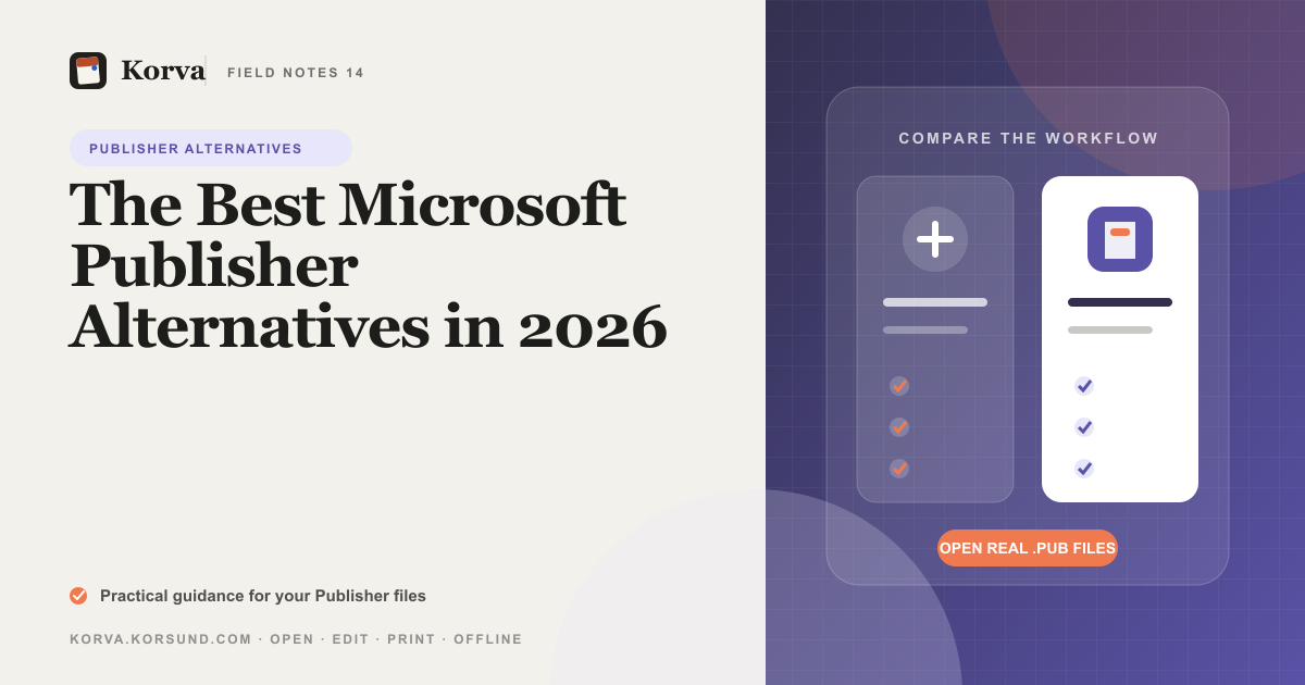 A row of desktop publishing app icons next to a Publisher .pub file, illustrating Microsoft Publisher alternatives