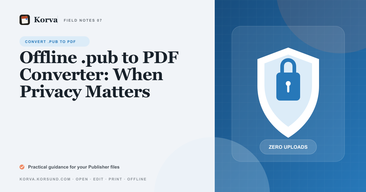 Korva's local PDF export dialog, representing an offline .pub to PDF converter
