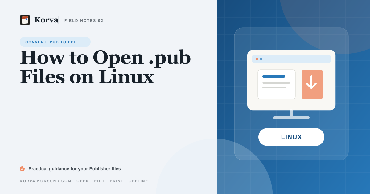 A .pub file icon on a Linux desktop with an arrow pointing to a clean PDF page