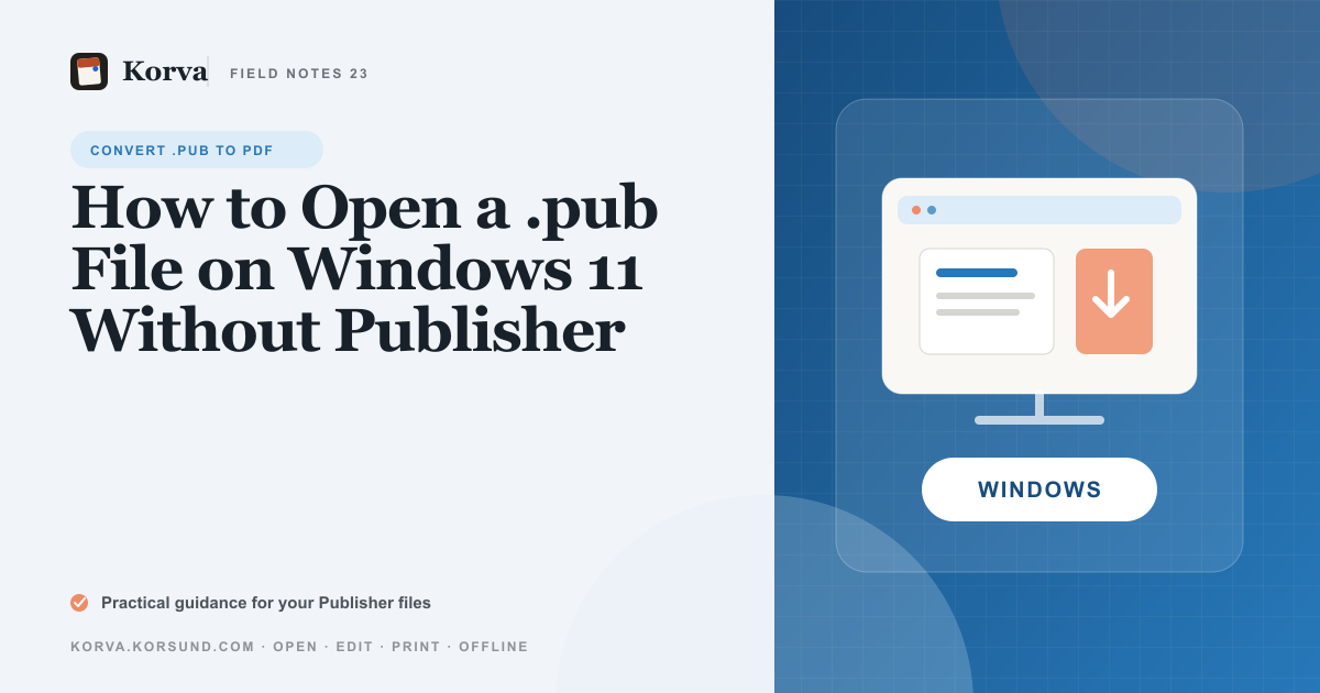 Korva running on a desktop and opening a real Microsoft Publisher .pub file on Windows-style app chrome