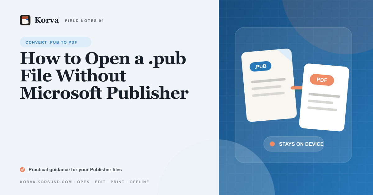 A .pub document icon opening into a clean readable page next to a PDF, with no Microsoft Publisher logo in sight