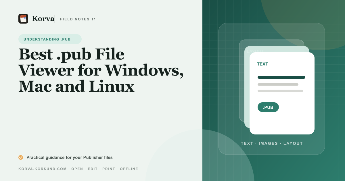 Korva viewing a real Microsoft Publisher .pub file with page thumbnail, canvas and format panel