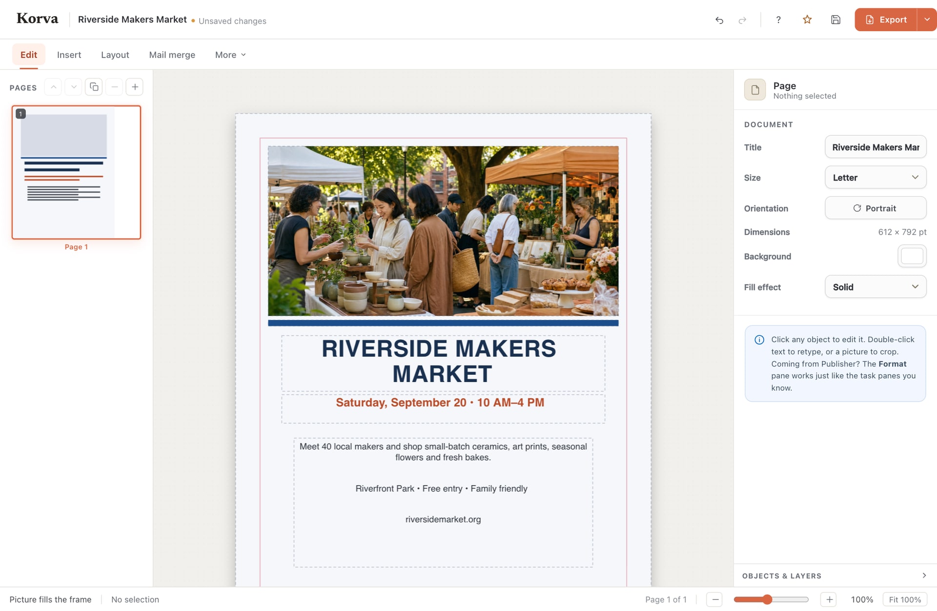 Korva editing a newly created English makers market flyer with editable text, a photo, page thumbnails and a format pane