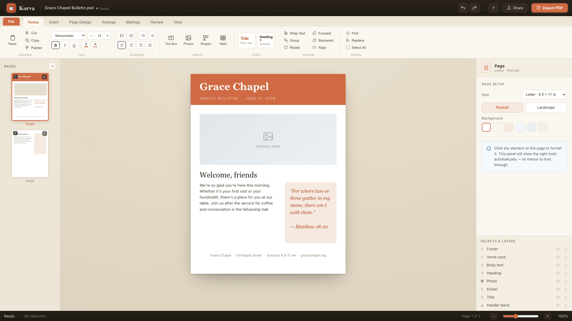 Korva, a Microsoft Publisher alternative for Mac and Windows, editing a .pub church bulletin — the familiar ribbon, page thumbnails and format panel
