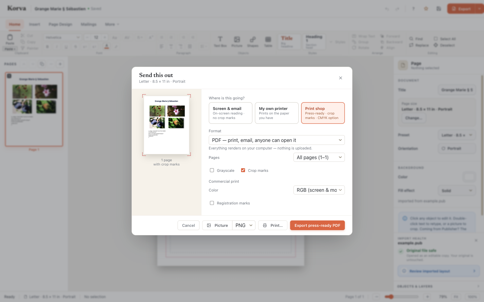 Korva's PDF export dialog showing Screen and email, My own printer and Print shop presets alongside crop marks, CMYK composite, grayscale and registration mark options