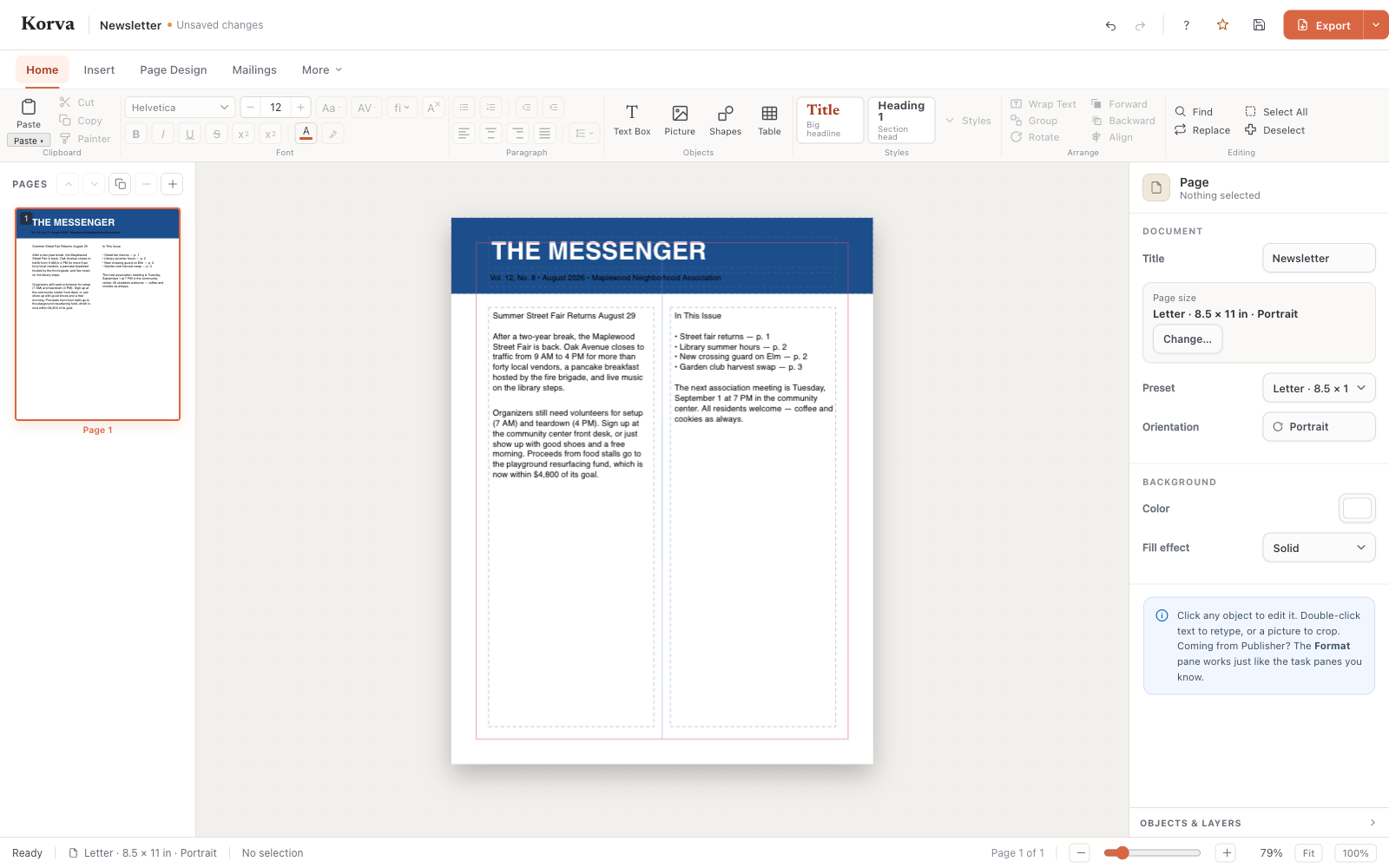 A two-column community newsletter open in Korva's editor, with a page-size Preset dropdown and Orientation control in the right-hand pane and a status bar reading Letter · 8.5 × 11 in · Portrait