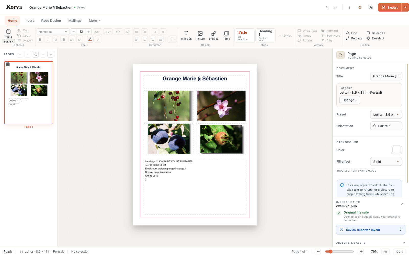 A legacy Microsoft Publisher .pub property brochure opened in Korva, with four recovered photos on the page, accented French text intact, and an import health panel confirming the original file is safe