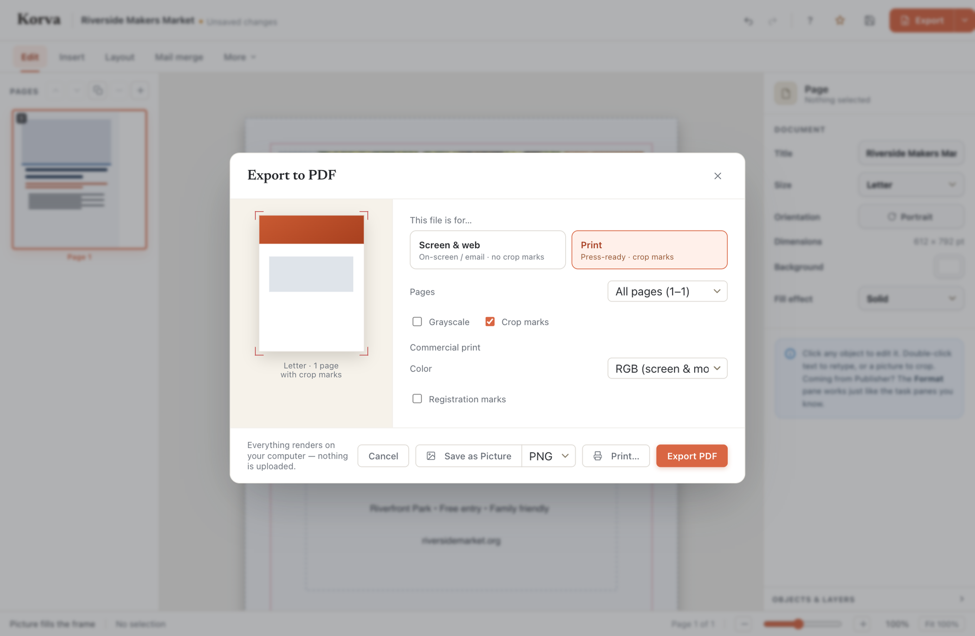Korva PDF export dialog with screen, print, crop mark, grayscale and page range options
